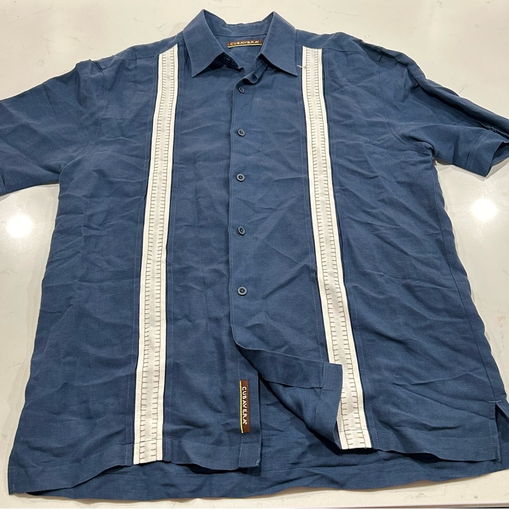 Cubavera Button Up Linen Blend Shirt Men's L Navy Blue Embroidered